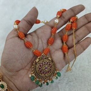 Long coral chain with nakshi pendant ( kattu theega)
