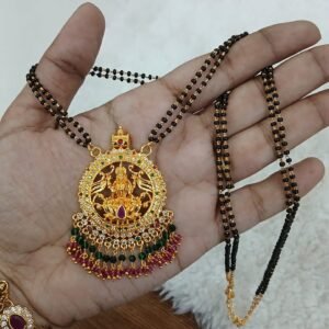 White stone Lakshmi pendant with long black beads