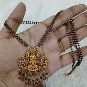 Multi stone Lakshmi pendant with long black beads