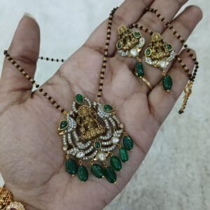 Black beads with Lakshmi pendant & earrings