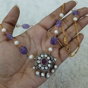 Mozzonite pendant with real pearl & Amethyst