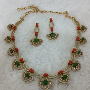 Coral with Green stones neck set