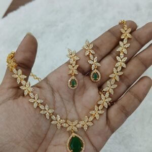 Flower pattern stone set with GREEN drop