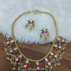 Multi stone kundan jadau neck set with gutta pusalu & earrings