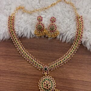 Micropolish neck set with chandbaali pattern (PINK/GREEN)