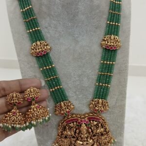 Long kundan nakshi haaram with green beads and buttalu