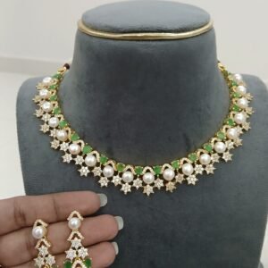 Diamond copy neck set with real pearls (GREEN)