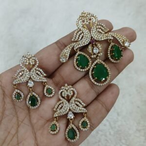 Double Peacock diamond copy pendant with earrings (GREEN)