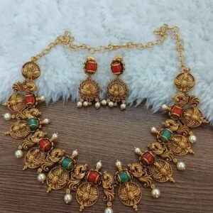 Coral & Green beads with Peacock nakshi set