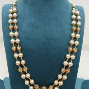 Gold copy double line swarouski kattutheega chain with nakshi balls