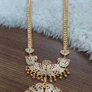 Double swan Long Micropolish raani haaram(White & pink stones)