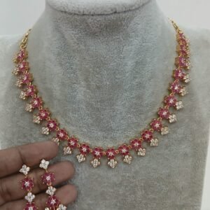 Pink & White stones flower neck set with earrings