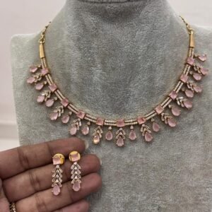 Micropolish pastel pink stones neck set with earrings