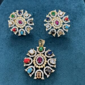 Diamond copy pendant and earrings with multi stones
