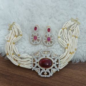 Red stone diamond copy choker with earrings