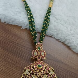 26 inches green beads chain with ruby pendant