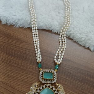 22 inches pearl chain with sea green stone Victorian pendant