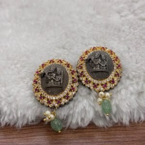 Grey Victorian Big size Radha Krishna earrings with pink and white stones