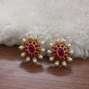 Oval ruby with coral and pearls Micropolish studs