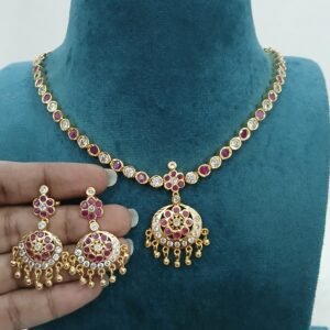 Pink and white stones Micropolish neck set with earrings