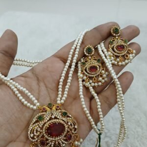 Double line pearl chain with big size ruby pendant and earrings