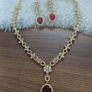 Micropolish white stones neck set with red stone drop (with earrings)