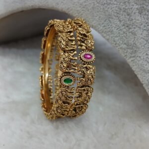 2.4 Antique nakshi elephant bangles with Pink & Green kundan stones (set of 2)