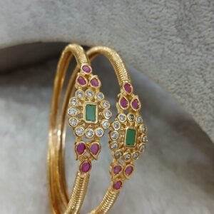 2.10 White stone flower design with ruby kada pattern Micropolish bangles set of 2)