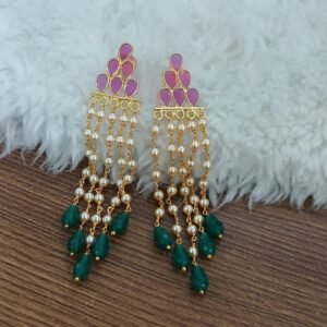 Pink stone earrings with real swarouski and Emerald hangings (screw back Micropolish)