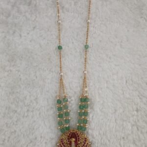 Peacock pendant with green beads Micropolish chandrahaaram chain