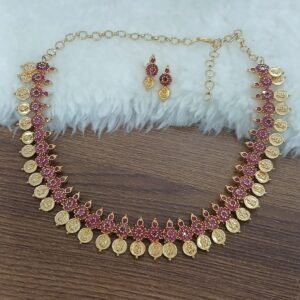 Full ruby stones with lakshmi kaasu short Micropolish neck set with earrings