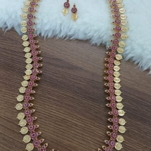 Full ruby with lakshmi kaasu Long Micropolish neck set with earrings