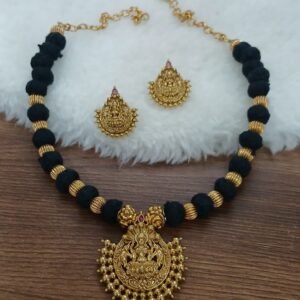 Black dori balls chain with antique matt lakshmi pendant & studs