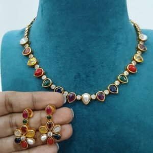 Antique polish navrathna stones neck set with earrings