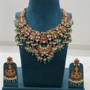 Real jadau kundan heavy lakshmi neck set with screw back earrings
