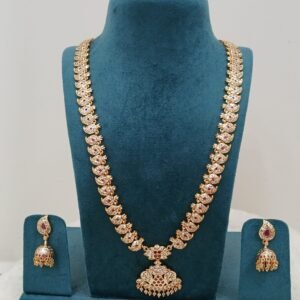 Long mango Pink and white stones Micropolish haaram with buttalu