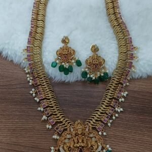 Antique polish long jelibi Lakshmi haaram with ruby and earrings