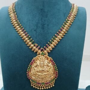 Micropolish gold copy lakshmi mid length haaram with pink and green stones