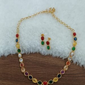 Gold copy Micropolish navarathna neck set with earrings