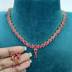 Full Pink stones Micropolish neck set with earrings