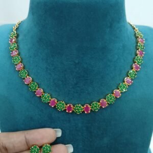Green and Pink stones Micropolish neck set with earrings