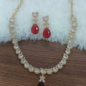 Micropolish Red stone drop neck set with earrings